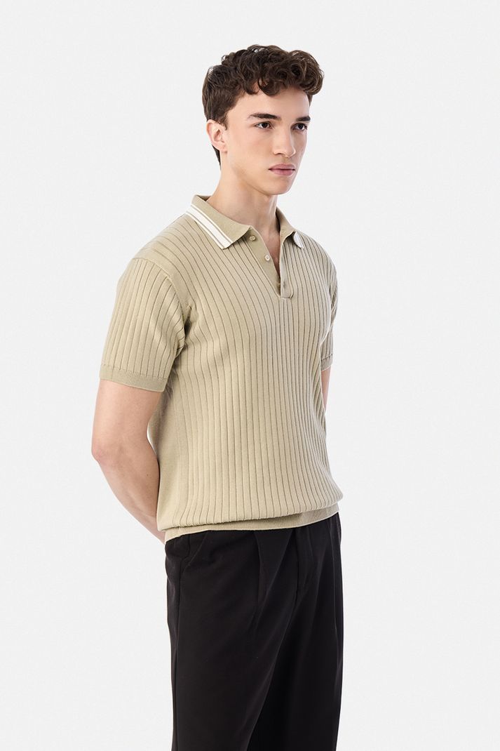 Snitch Men Beige Striped Polo Neck T-Shirt - Image 2