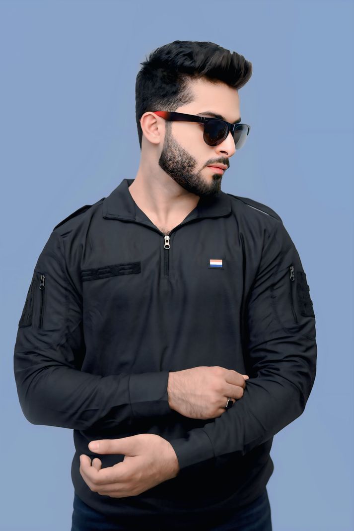 AZYXREN Men Black Zip Neck Cotton Blend T-Shirt - Image 4
