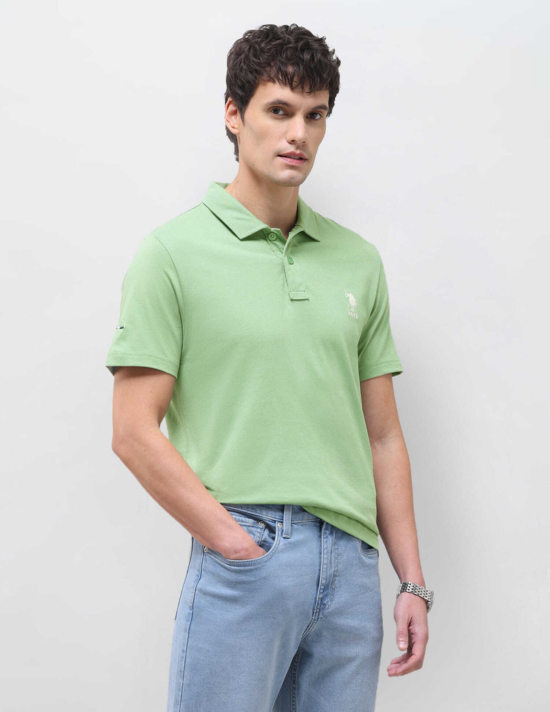 U.S. Polo Assn. Denim Co. Men Solid Polo Neck Pure Cotton Green T-Shirt