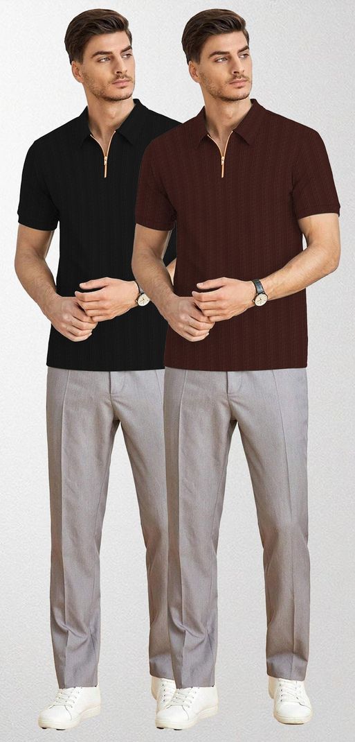 KAJARU Men Zip Neck Polyester T-Shirt Pack of 2 Black, Brown - Image 6