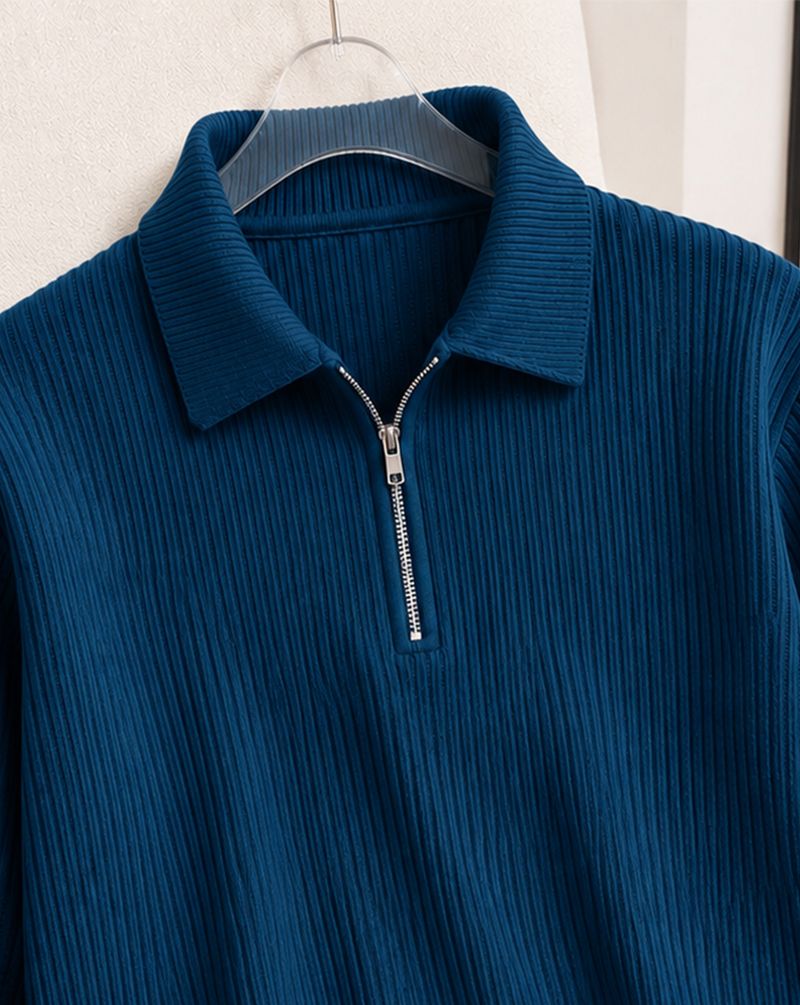 AOOSH Men Self Design Zip Neck Cotton Blend Blue T-Shirt - Image 5