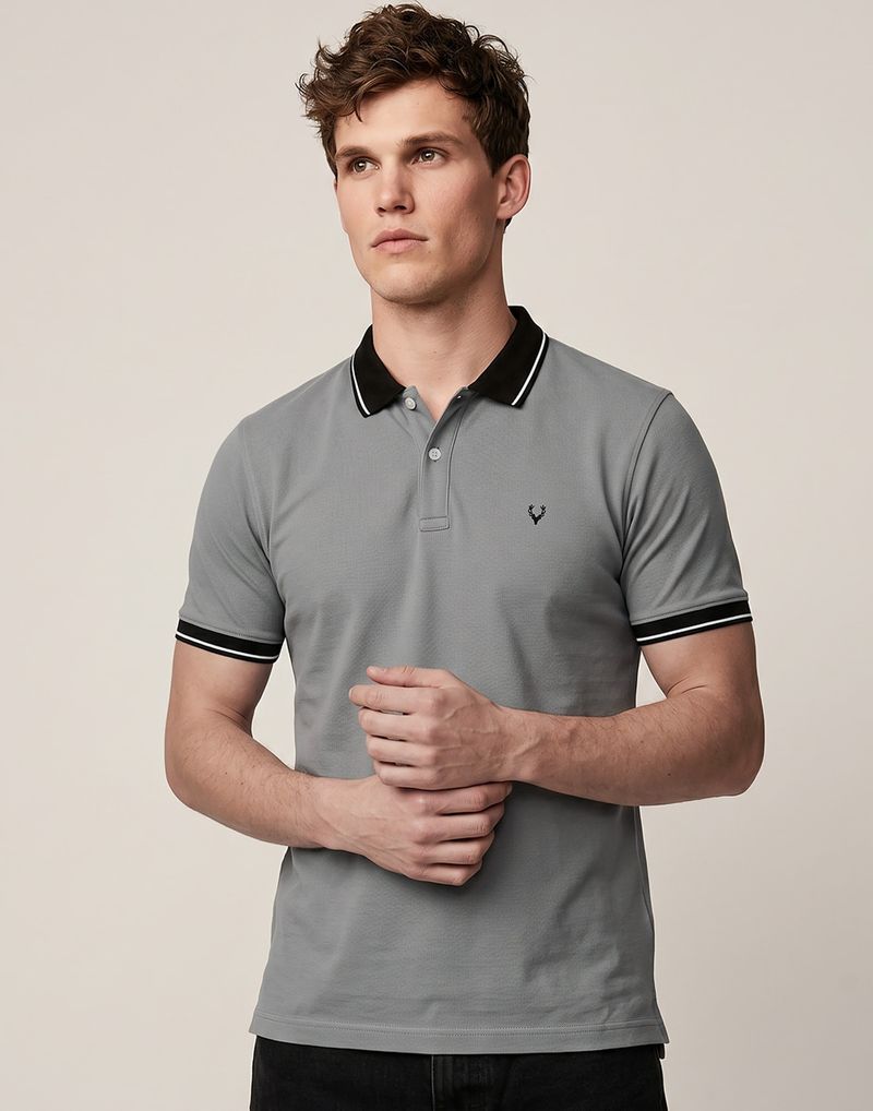 Allen Solly Men Solid Polo Neck Cotton Blend Grey T-Shirt - Image 5