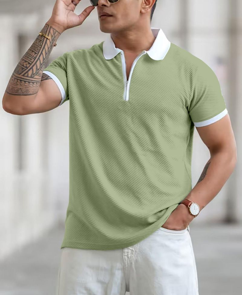COMBRAIDED Men's Self Design Polo Neck Black T-Shirt - Image 3
