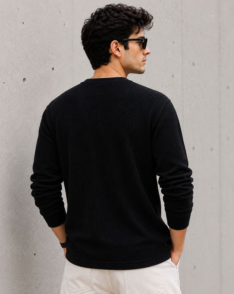 ENITOR Men Black Henley Neck Cotton Blend T-Shirt - Image 3