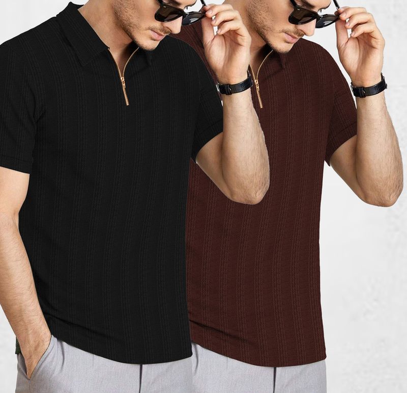 KAJARU Men Zip Neck Polyester T-Shirt Pack of 2 Black, Brown - Image 4