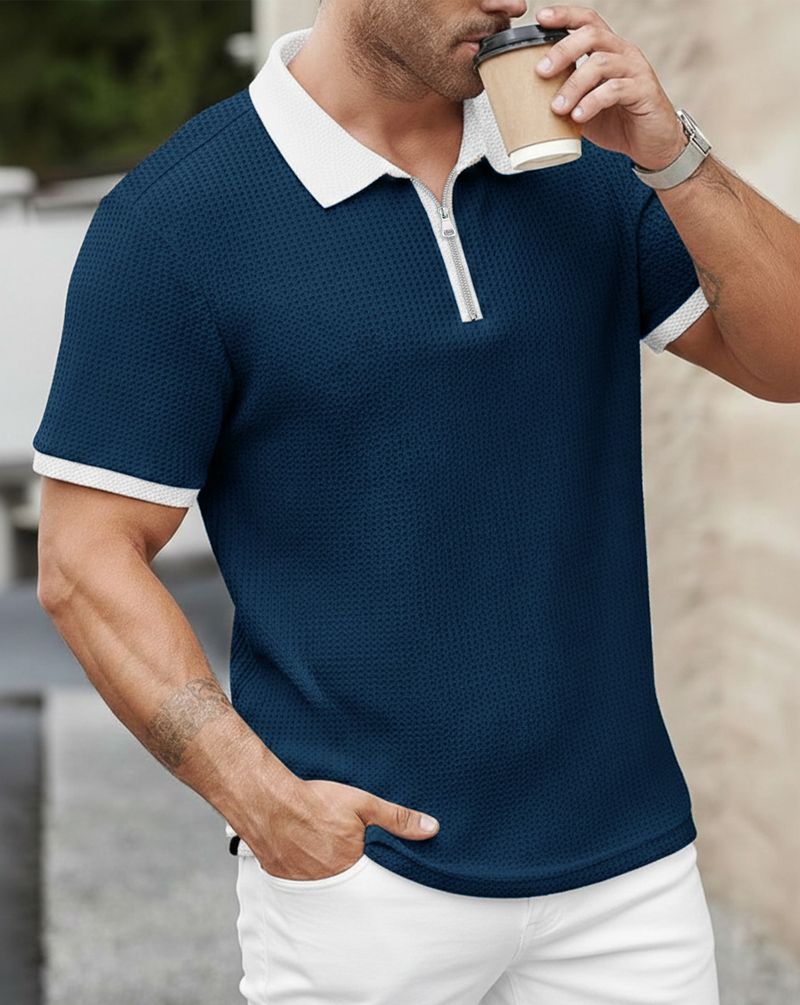 AOOSH Men Blue Polo Neck Cotton Blend T-Shirt - Image 5