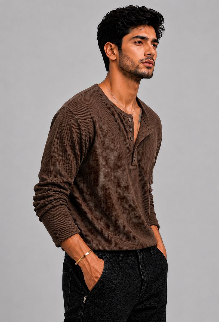 HeraDawn Men Brown Henley Neck Polyester T-Shirt - Image 4