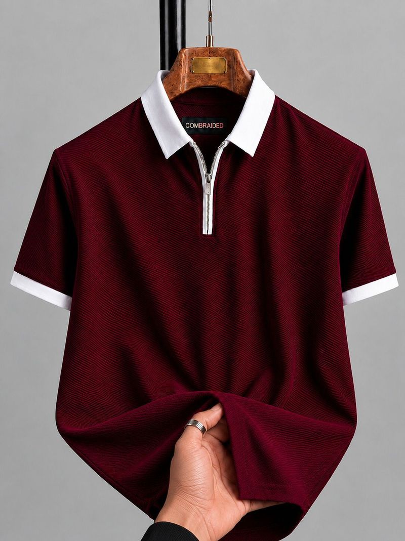 COMBRAIDED Men Maroon Polycotton Polo Neck T-Shirt - Image 2