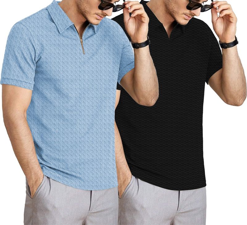 KAJARU Men Zip Neck Polyester T-Shirt Pack of 2 Black, Light Blue - Image 5