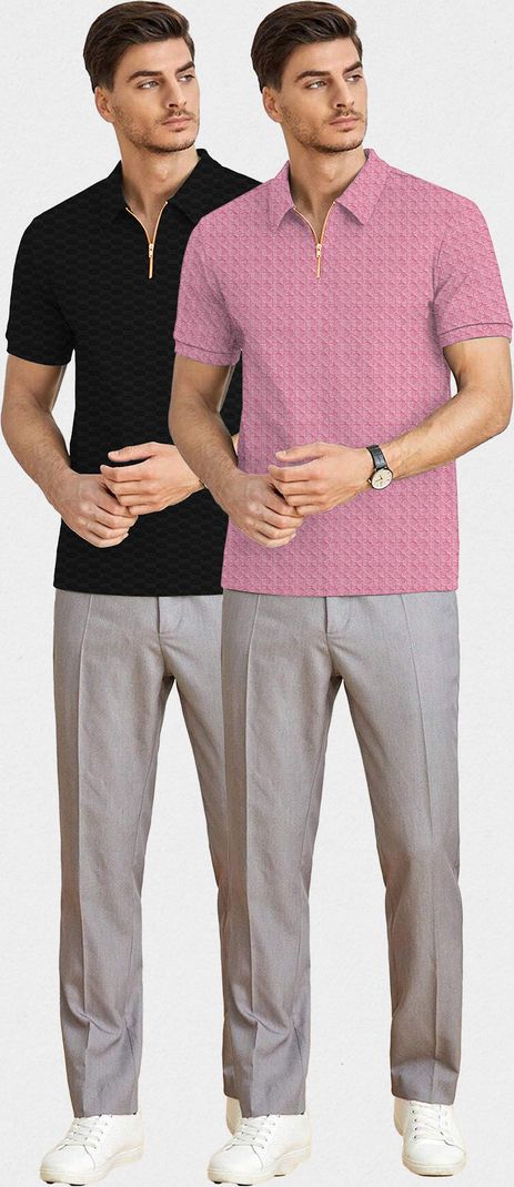 KAJARU Men's 2-Pack Zip Neck T-Shirts Black, Pink - Image 6