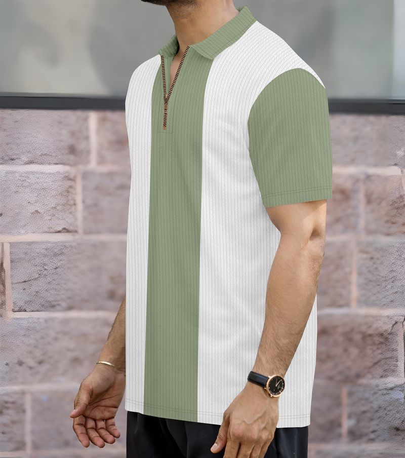KAJARU Men Colorblock Zip Neck Polyester T-Shirt (Light Green, White) - Image 4