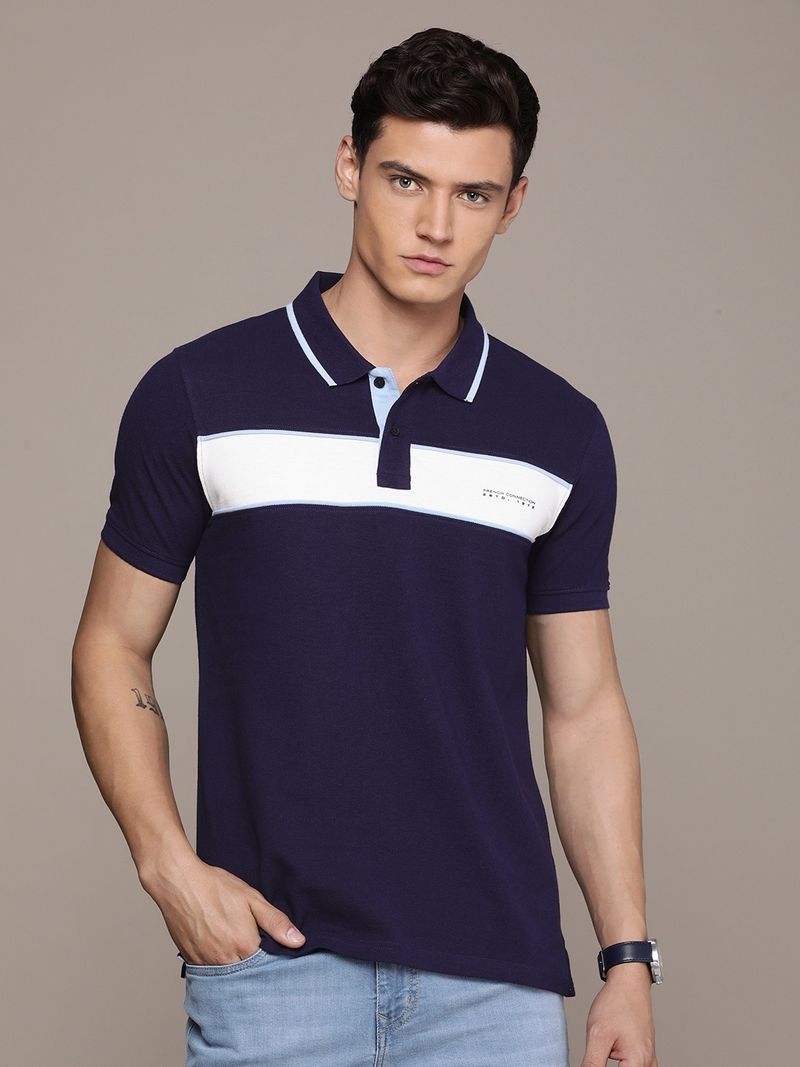 French Connection Navy Blue Cotton Polo Neck T-Shirt - Image 2