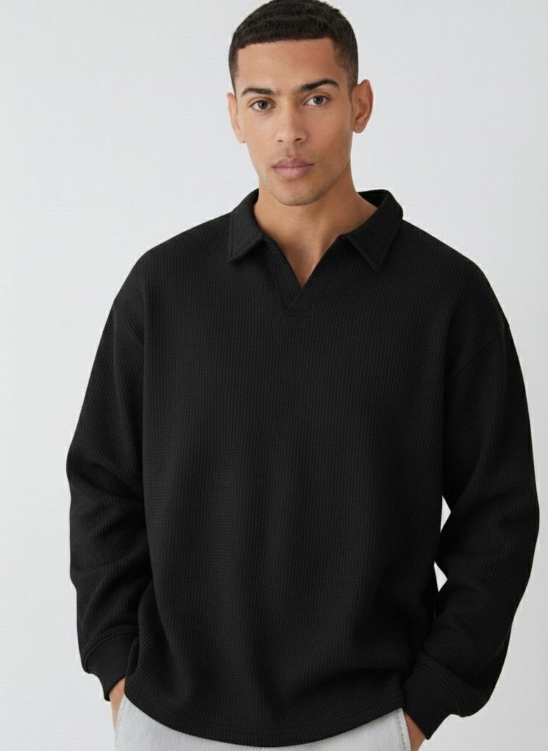 RUNNING MACHINE Men Black Polyester Polo Neck T-Shirt - Image 2