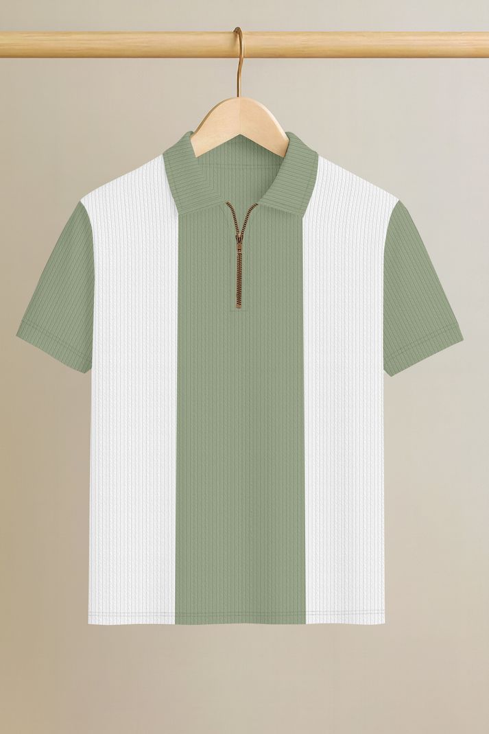 KAJARU Men Colorblock Zip Neck Polyester T-Shirt (Light Green, White) - Image 2