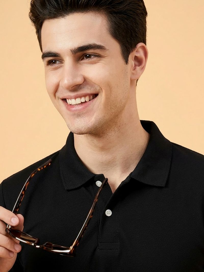 GENZA Men Black Cotton Blend Polo Neck T-Shirt - Image 5