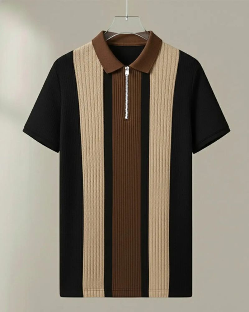 KAJARU Men Striped Polo Neck Black T-Shirt - Image 6