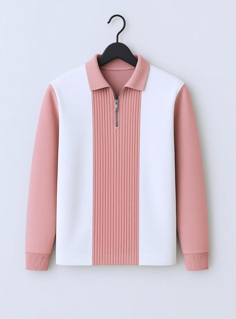 Try This Men Pink, White Zip Neck T-Shirt - Image 2