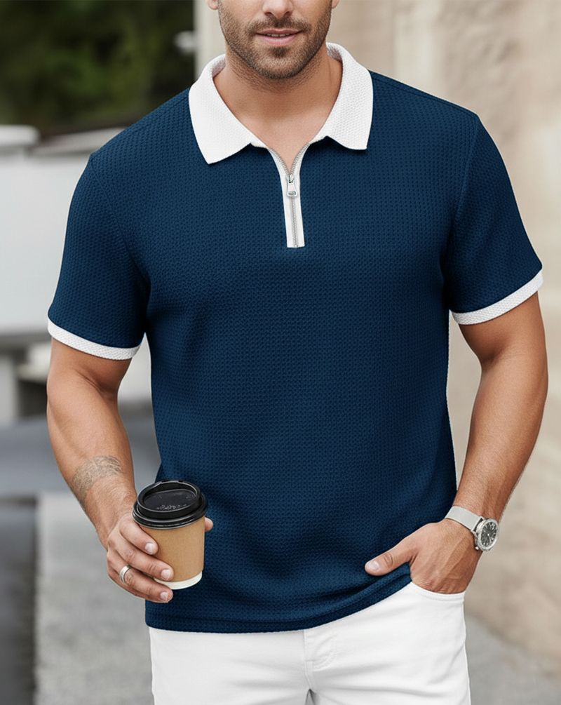 AOOSH Men Blue Polo Neck Cotton Blend T-Shirt - Image 2
