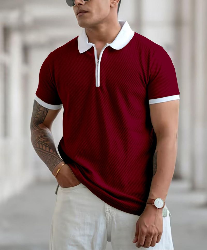 COMBRAIDED Men Maroon Polycotton Polo Neck T-Shirt - Image 6