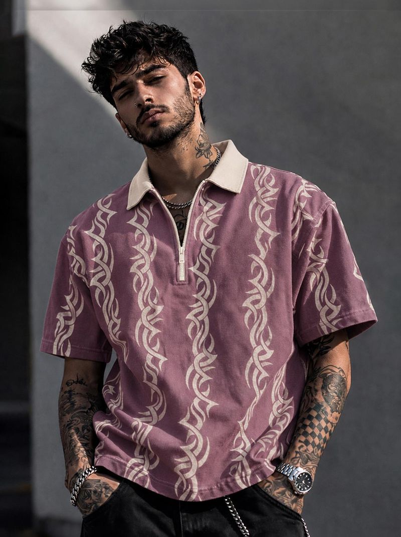 Force Men Printed Zip Neck Cotton Blend Pink T-Shirt - Image 2