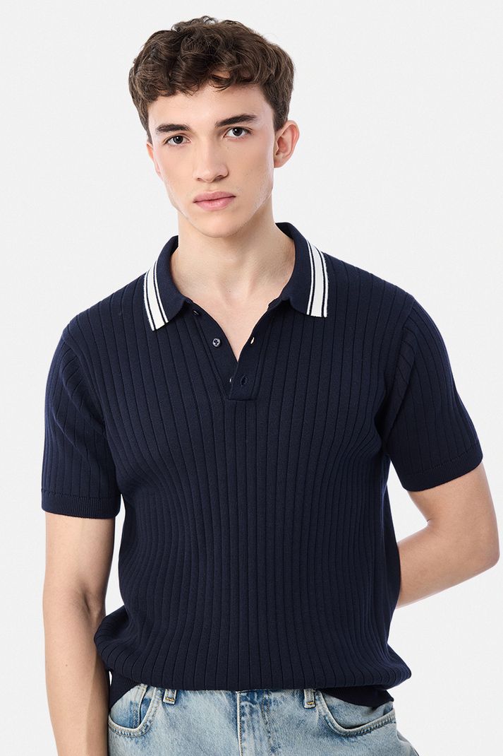 Snitch Men Solid Polo Neck Pure Cotton Navy Blue T-Shirt - Image 7