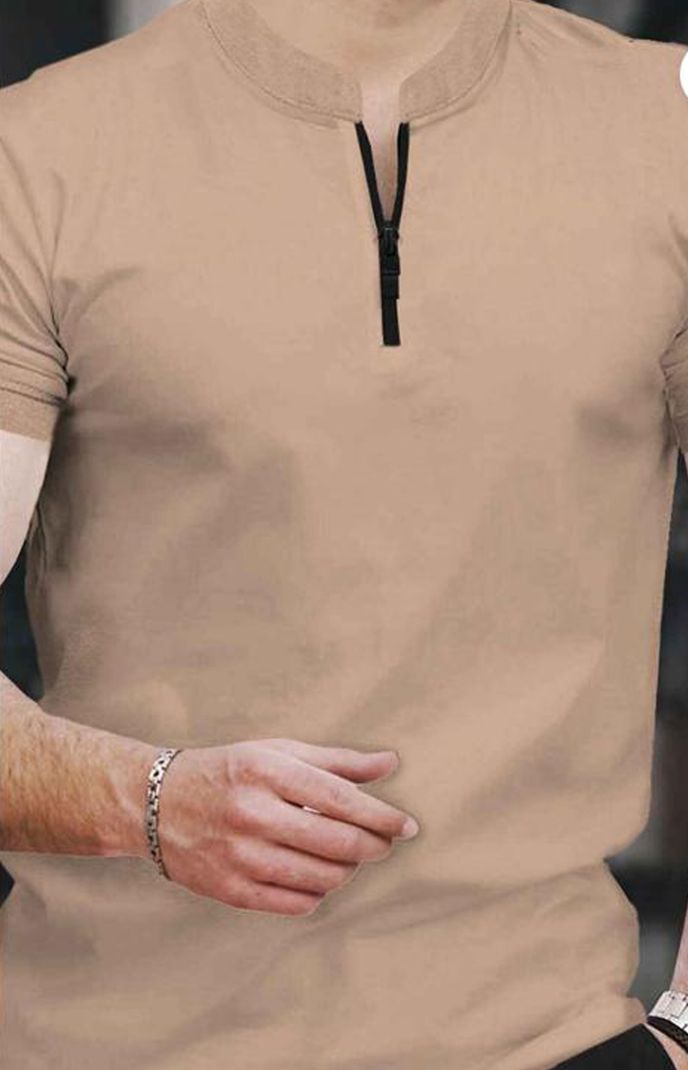 NVGARMENT Men Beige Zip Neck Polyester T-Shirt - Image 6