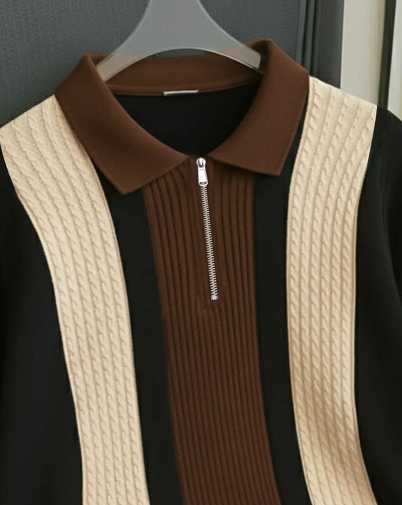 KAJARU Men Striped Polo Neck Black T-Shirt - Image 4