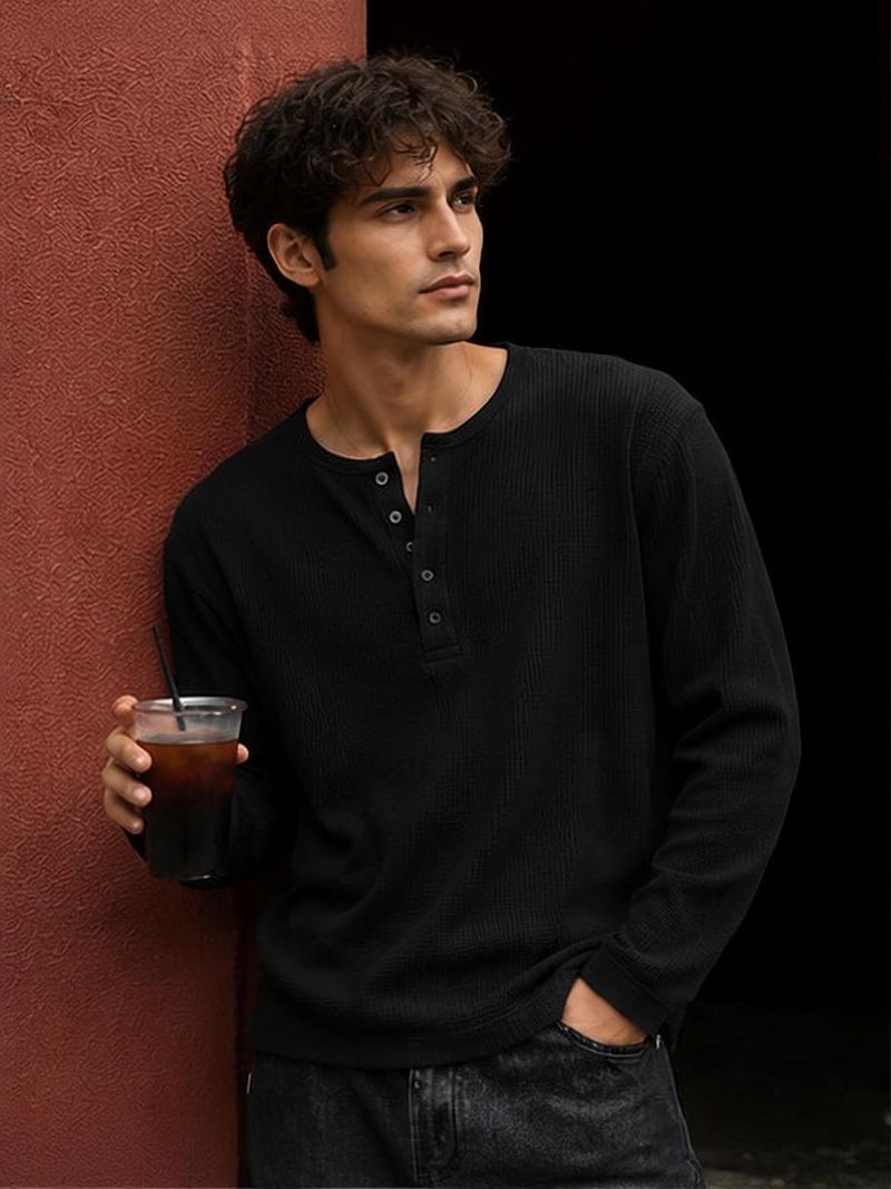 NOOK Men Black Henley Neck Cotton Blend T-Shirt - Image 2