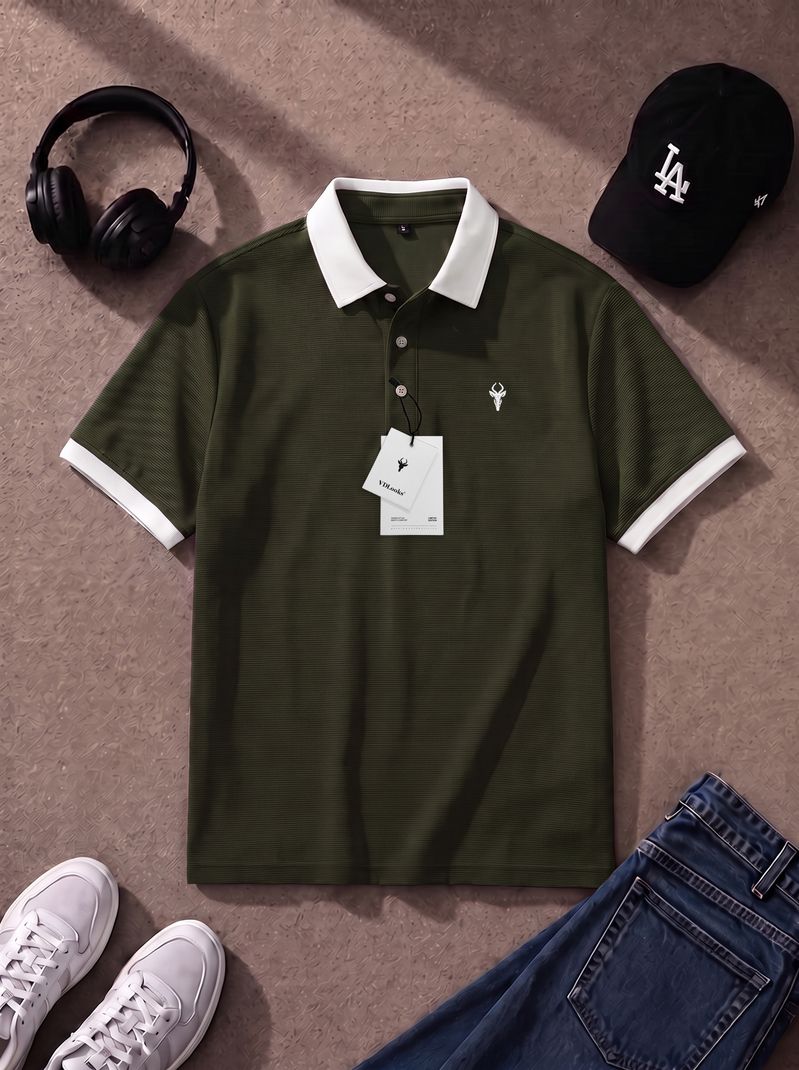 vdlooks Men Dark Green Polo Neck T-Shirt - Image 4