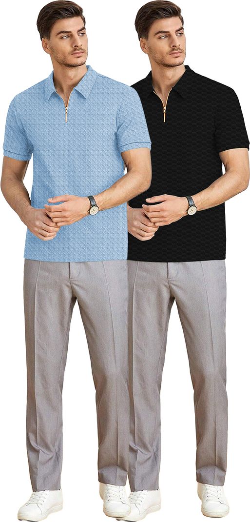 KAJARU Men Zip Neck Polyester T-Shirt Pack of 2 Black, Light Blue - Image 6