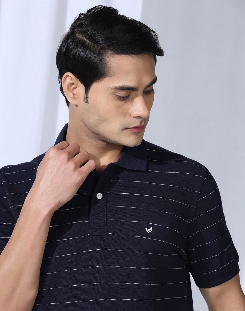 Blackberrys Men Dark Blue Striped Polo Neck T-Shirt - Image 5