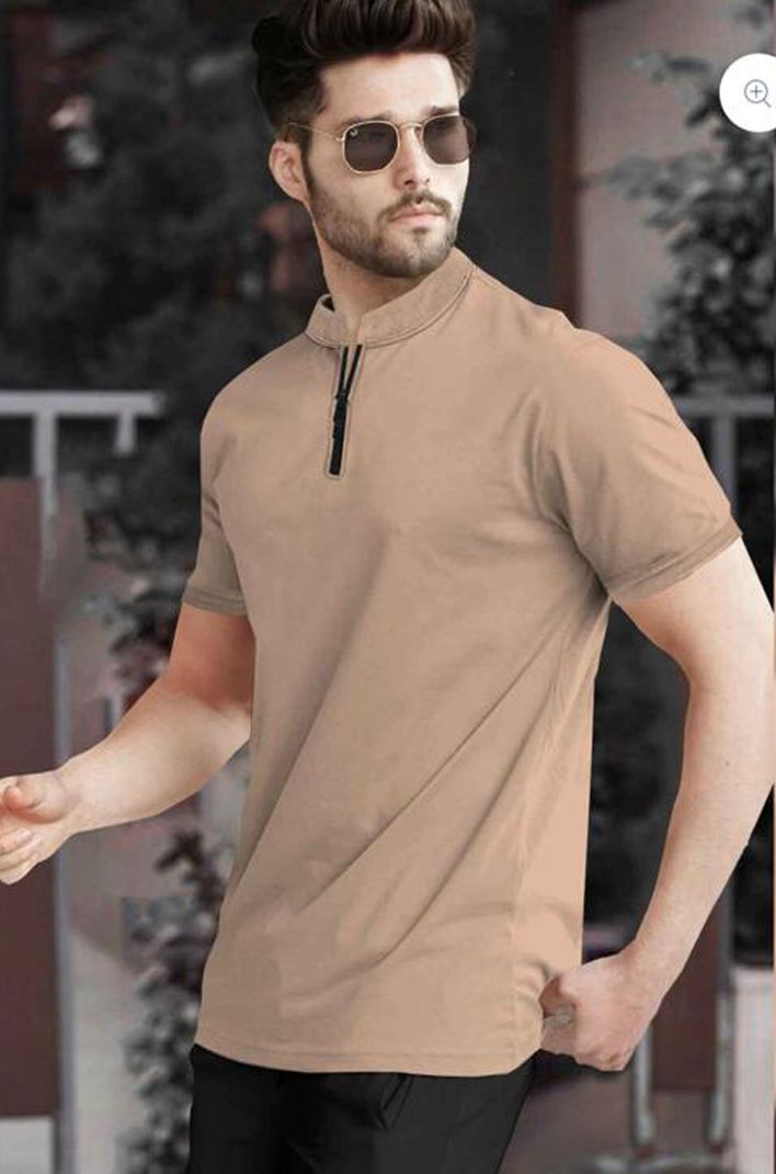 NVGARMENT Men Beige Zip Neck Polyester T-Shirt - Image 5