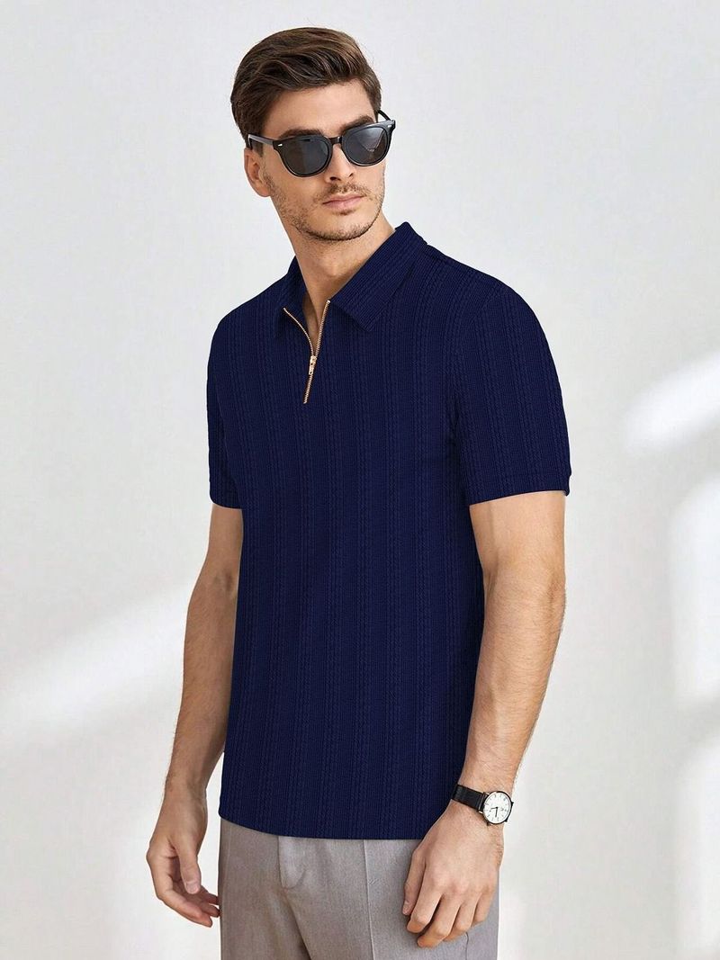 Men Navy Blue Zip Neck Cotton Blend T-Shirt - Image 5