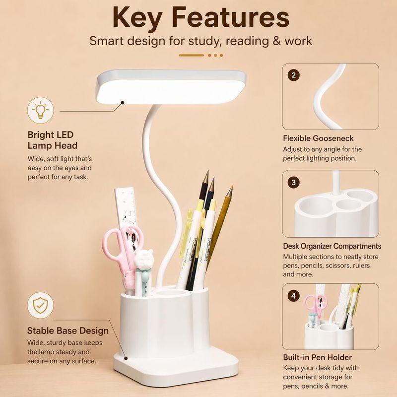 Hokiit Rechargeable LED Study Lamp with Pen Stand & Mobile Holder - Image 4