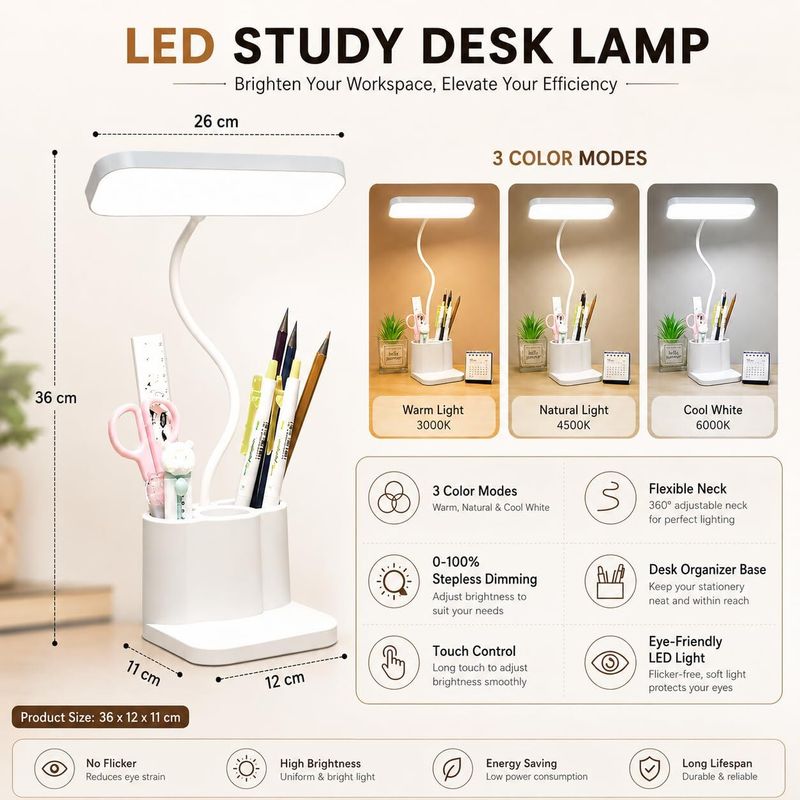 Hokiit Rechargeable LED Study Lamp with Pen Stand & Mobile Holder - Image 5