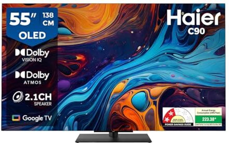 Haier C90 138 cm (55 inch) OLED Ultra HD (4K) Smart Google TV with Dolby Vision IQ |2.1 Ch 50W Speaker with Subwoofer | Dolby Atmos | Solar Remote H55