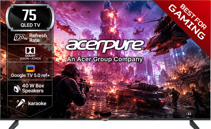 acerpure NITRO 189.2 cm (75 inch) QLED Ultra HD (4K) Smart Google TV with 120 Hz GTV 5.0 ,Android 14 ,Dolby Vision & Dolby Atmos,40W Sound,Tuner,Wi-Fi Direct,ALLM ,VRR,MEMC,Karaoke,AI,Gaming ,Wall Mount (AP75UG75PNTO5)