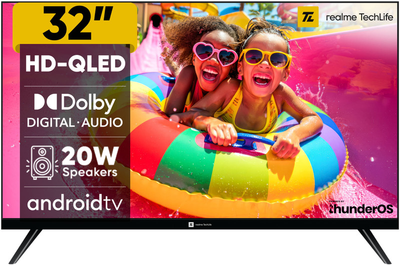realme TechLife 80 cm (32 inch) QLED HD Ready Smart Android TV with Thunder OS, Live TV, Netflix, 100+ Apps, 20W Speakers, 300 Nits Brightness, Bezel-