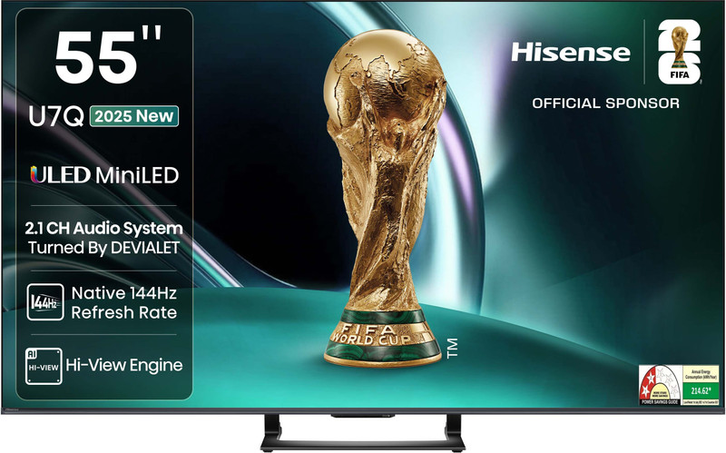 Hisense 55U7Q 138.5 cm (55 inch) Ultra HD (4K) Mini LED Smart VIDAA TV with 2.1CH Audio System Tuned by DEVALET, Native 144 Refresh Rate, Dolby Vision
