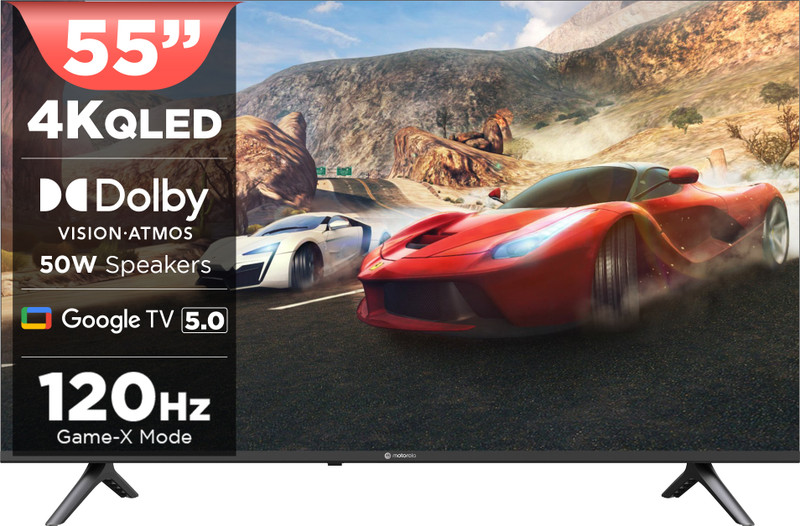 motorola 139 7 cm 55 inch qled ultra hd 4k smart google tv 2025 5 0 os 50 w speaker 120hz game accelerator dolby atmos