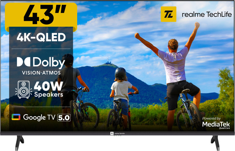 realme techlife 109 cm 43 inch qled ultra hd 4k smart google tv 5 0 dolby atmos 40 w downfiring speaker