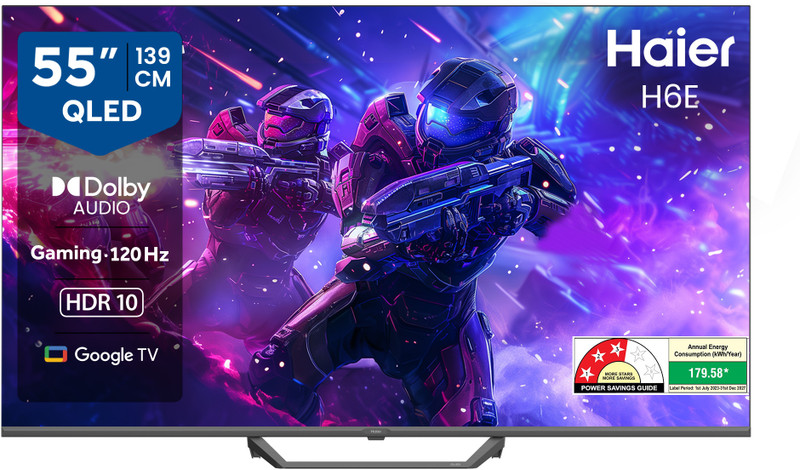 Haier H6E 139 cm (55 inch) QLED Ultra HD (4K) Smart Google TV with HDR10| Auto Low Latency Mode (ALLM)| HDMI 2.1| Voice Control with Google TV ("Ok| G