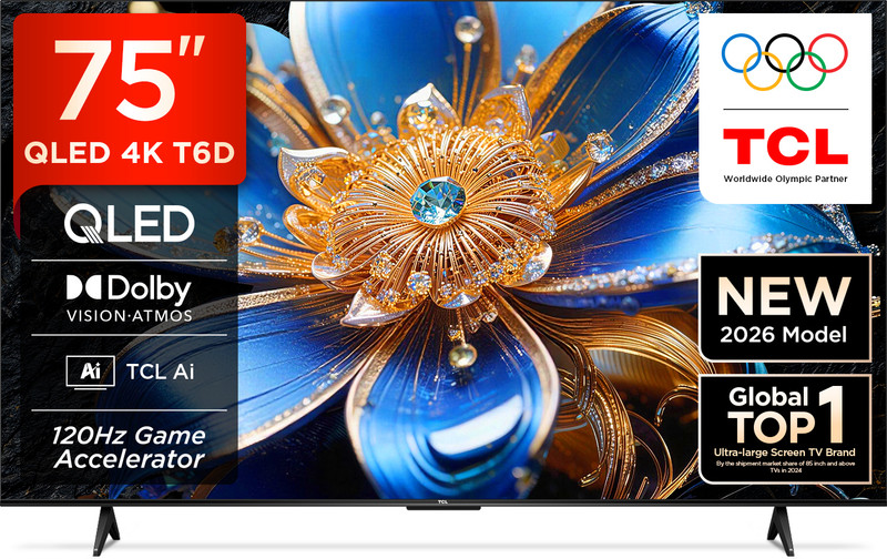 TCL T6D 189.31 cm (75 inch) QLED Ultra HD (4K) Smart Google TV 2026 Edition with HDR10+ Dolby Vision- Atmos 34W 120 Hz Game Accelerator (DLG) TCL AI Slim & Uni body Design