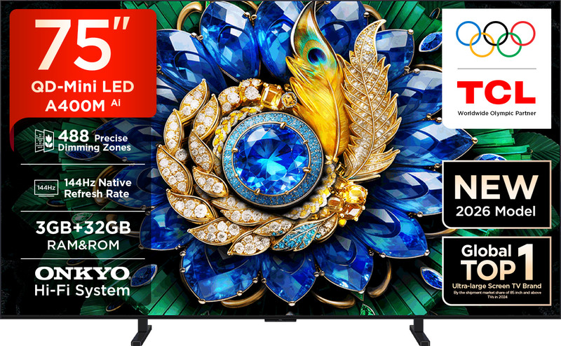 TCL A400M 189.31 cm (75 Inch) Ultra HD (4K) Mini LED Smart Google TV 2026 Edition with ONKYO Hi-Fi System Up to 488 Precise Dimming Zones 288 VRR High