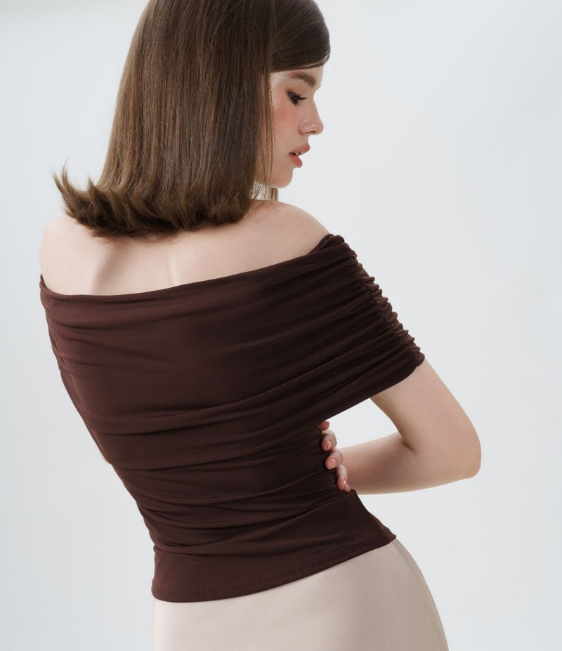 SIGHTBOMB Formal Off Shoulder Sleeve Solid Women Brown Top view 3