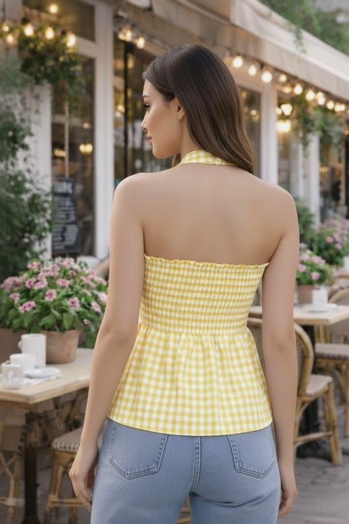 Femibazaar Casual Sleeveless Checkered Women Yellow Top view 5