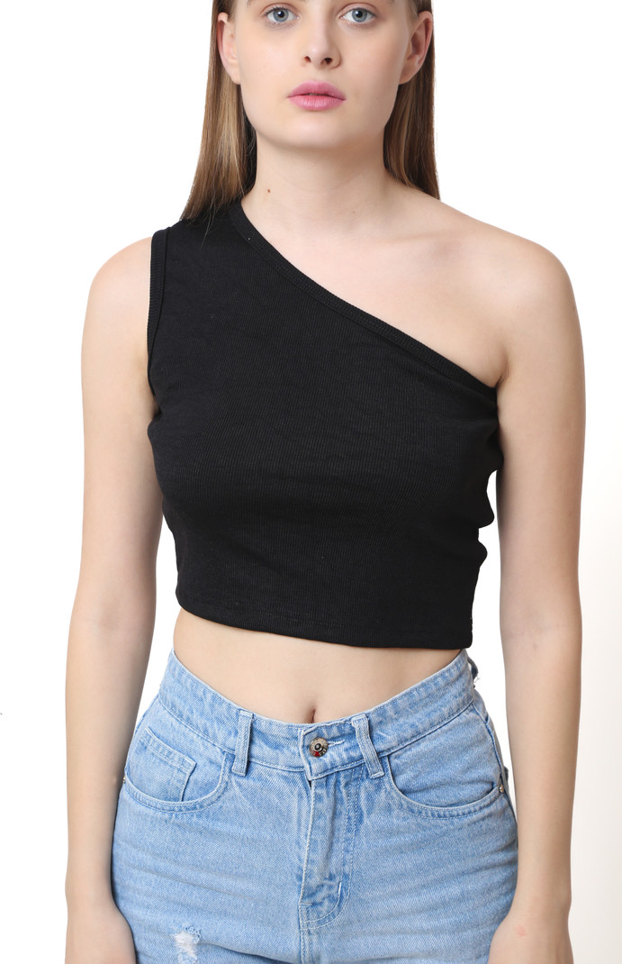 SIZI Casual One Shoulder Sleeves Solid Women Black Top view 5
