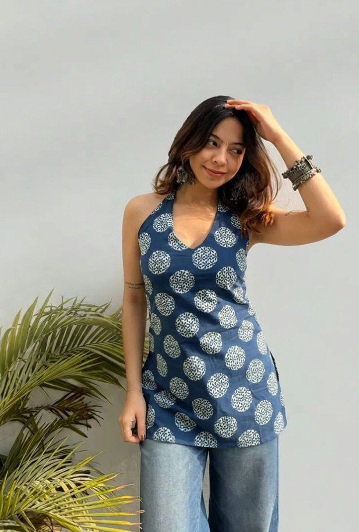 Krishna sakhi Casual Sleeveless Printed Women Blue Top view 1
