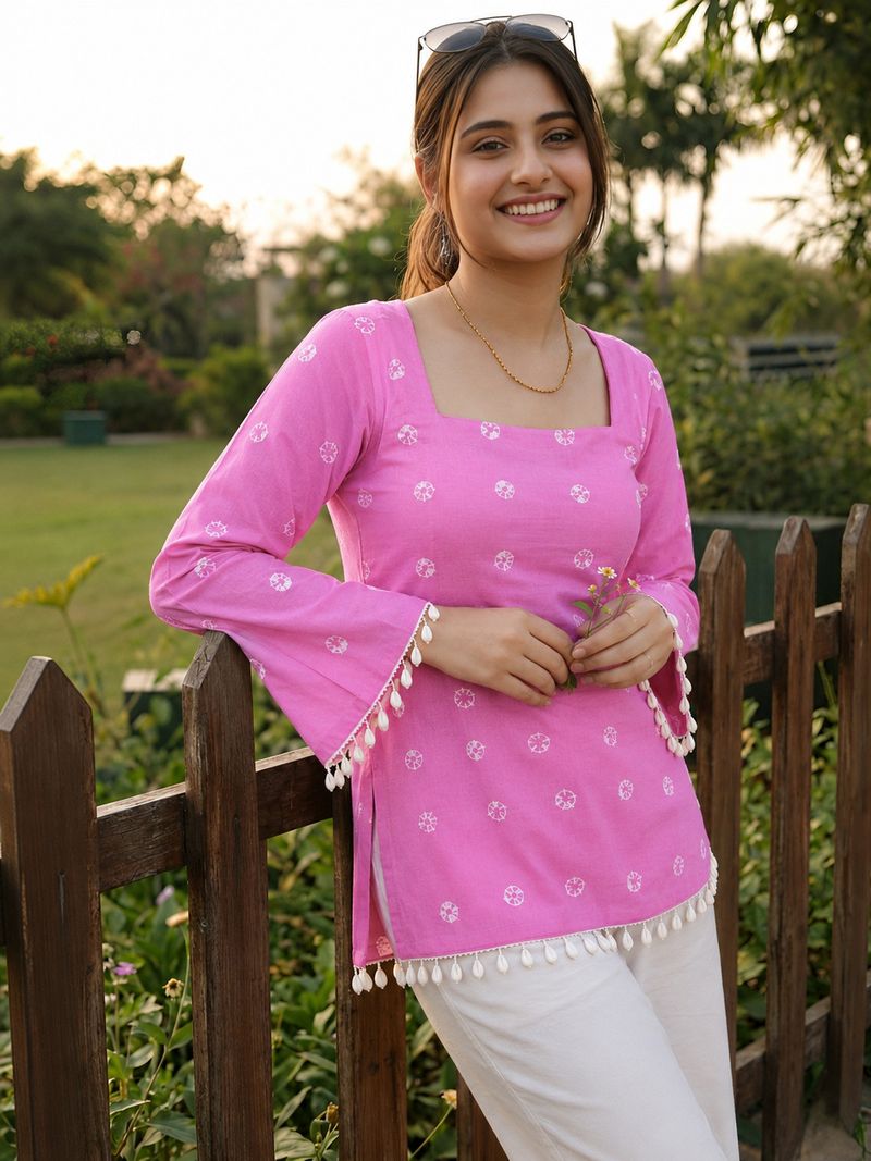 Kurtrix Women Pink Bell Sleeves Printed Top - Image 2