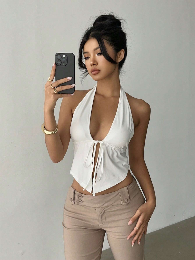 KATECLO Casual Sleeveless Solid Women White Top view 3